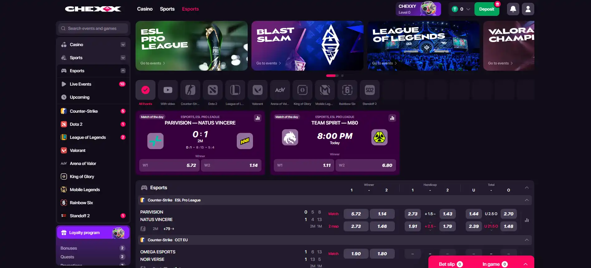 Sekce esportu CHEXX se seznamem disciplín, zápasů a kurzů