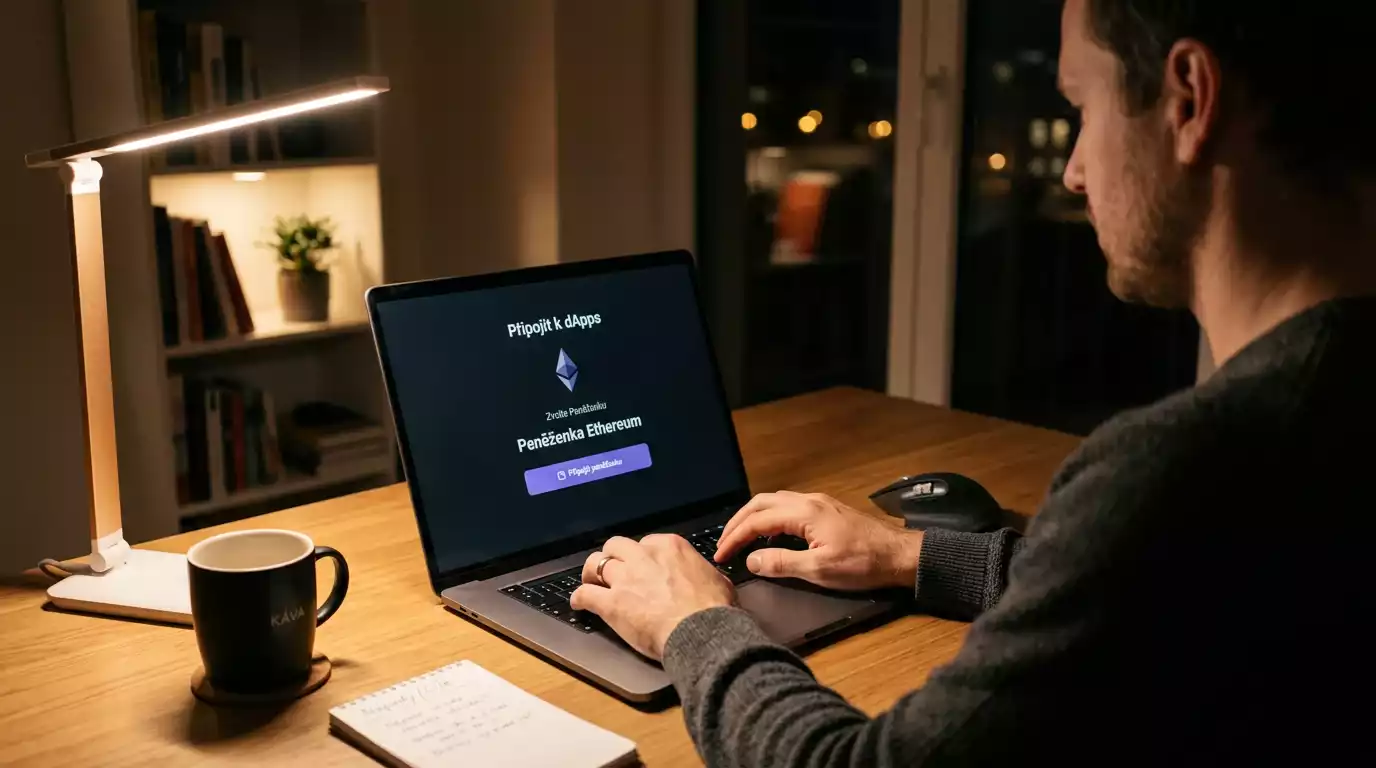 Sázkař u notebooku připojuje kryptoměnovou peněženku k platformě pro ethereum sázení