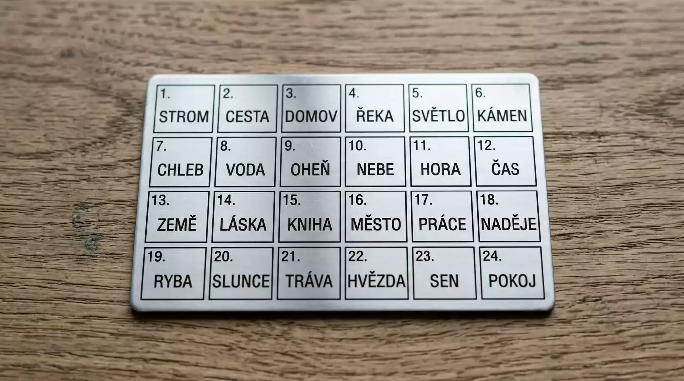Kovová destička s vyrytými 24 slovy seed phrase ležící na dřevěném stole
