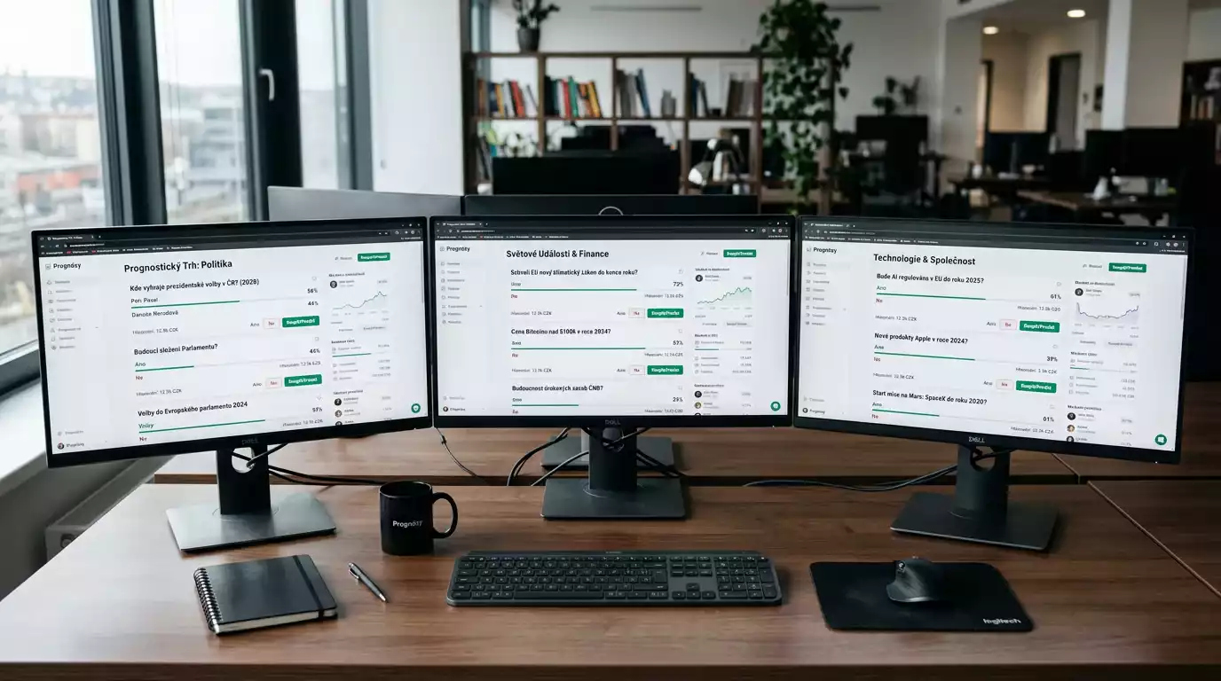 Tři vedle sebe stojící monitory zobrazující rozhraní Polymarketu, SX Network a Auguru